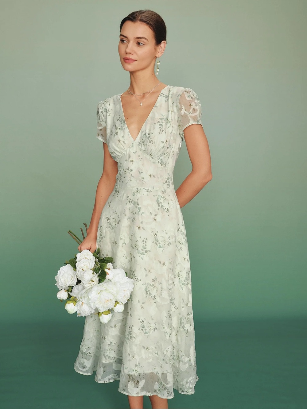 Rihoas Green Puffed Sleeve Floral Tunic Midi Dress - Picture 1 of 8